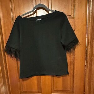 J crew black cotton top with faux feather sleeves Size smalll